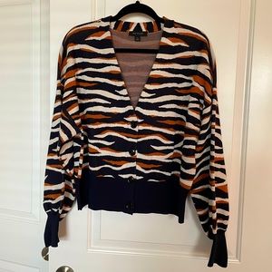 Ann Taylor blue and brown tiger striped button up balloon sleeve sweater size XL